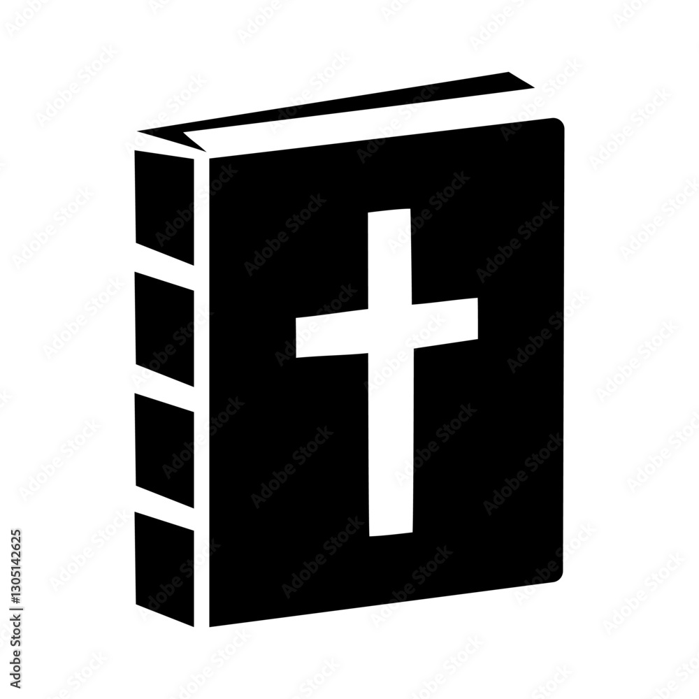 Fototapeta premium Black and white silhouette of Holy Bible with cross on the cover, symbolizing faith and Christianity. Perfect for religious themes, icons, and designs. Vector.