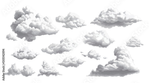 The image showcases a collection of individual cumulus cloud illustrations rendered in grayscale. The clouds are depicted against a pure white background, appearing soft, fluffy, and wispy.