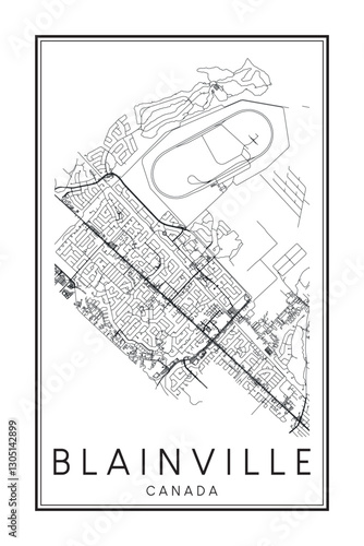 Printable downtown road map poster of the Canadian city of BLAINVILLE on solid white background with city name