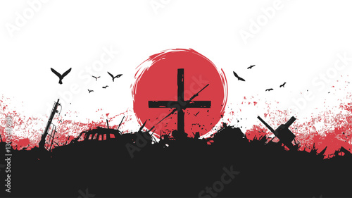 The image is a stylized graphic depiction of a post-battle scene.  The dominant elements are a large, red, stylized sun setting behind a dark, silhouetted landscape suggestive of a