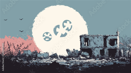 The image is a stylized depiction of a post-conflict landscape.  The dominant features are a partially destroyed building amidst rubble, set against a large, stylized sun or moon featuring