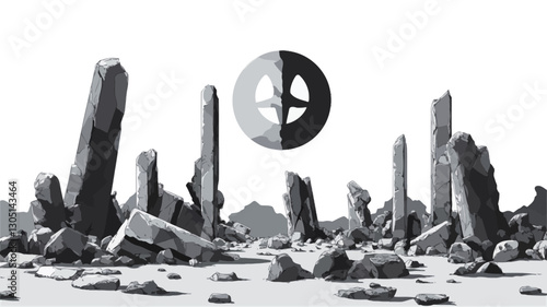 The image is a grayscale digital illustration depicting a desolate landscape composed primarily of various sized, irregularly shaped rocks and stones.  The rocks are rendered in shades of