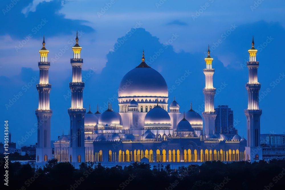 Obraz premium A vibrant and festive ramadan scene with a grand mosque at dusk against a deep blue sky featuring multiple domes and minarets softly lit from within 