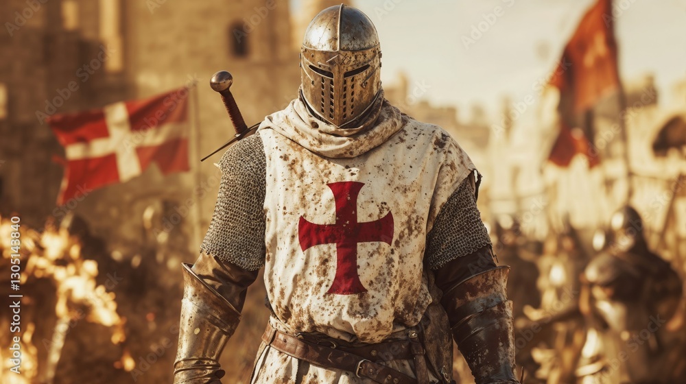 Templar knight in white surcoat with red cross, standing amidst crusader army with burning city backdrop
Templar knight in white surcoat with red cross, standing amidst crusader army with burning city backdrop
