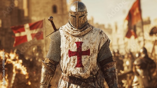 Templar knight in white surcoat with red cross, standing amidst crusader army with burning city backdrop	
