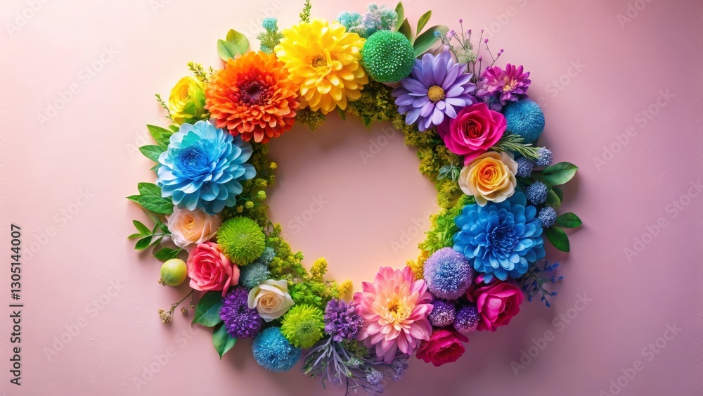 Vibrant Rainbow Floral Wreath Arrangement on Pastel Pink Background, Perfect for Festive Celebrations and Decorative Purposes Vibrant Rainbow Floral Wreath Arrangement on Pastel Pink Background, Perfect for Festive Celebrations and Decorative Purposes
