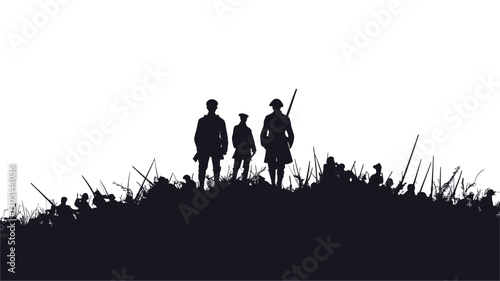 The image is a monochrome illustration depicting three silhouetted figures of soldiers standing on a field strewn with discarded weaponry. The background is white, providing a high contrast