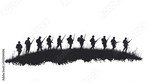 The image is a monochrome illustration depicting a line of eleven silhouetted soldiers marching across a gently sloping hill. The soldiers are uniformly spaced and carry what appear to be
