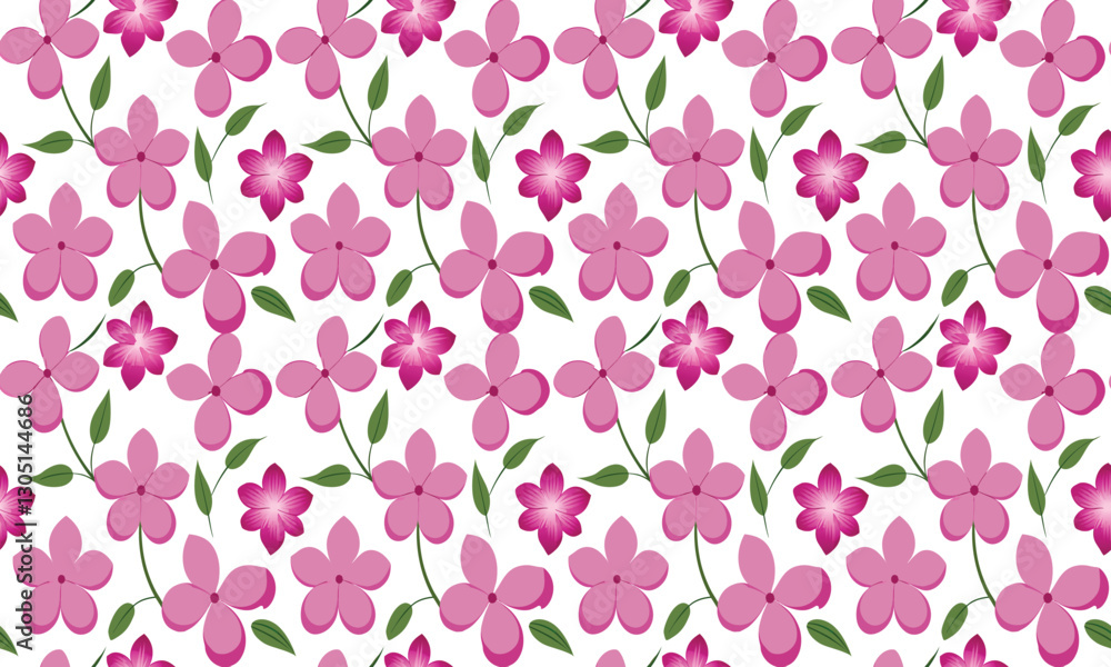 Seamless floral pattern with pink and magenta flowers and green leaves on a white background, perfect for fabric, wallpaper, and digital designs Seamless floral pattern with pink and magenta flowers and green leaves on a white background, perfect for fabric, wallpaper, and digital designs