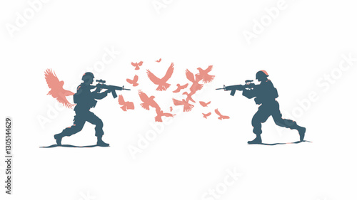 The image is a vector illustration featuring two dark-blue silhouettes of soldiers facing each other in a running stance, each holding a rifle. Between them, a burst of light coral-colored