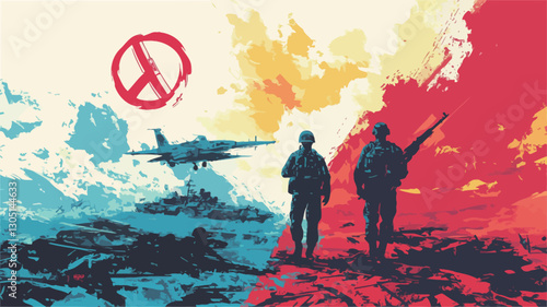 The image is a stylized graphic depiction of a war scene. The color palette is predominantly red, blue, and yellow, applied in a textured and abstract manner.  Two silhouetted soldiers