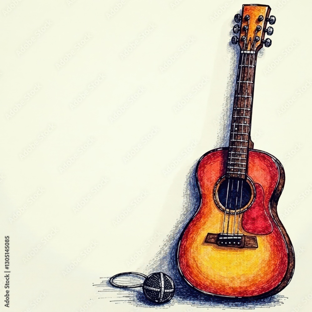 Obraz premium Hand-drawn guitar & mic sketch; music doodle style, single line drawing, retro, symbol