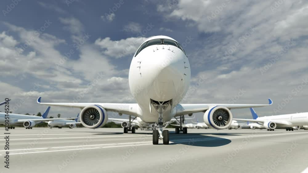 Close up on airplane parked at airport during day. Close up on airplane parked at airport during day.