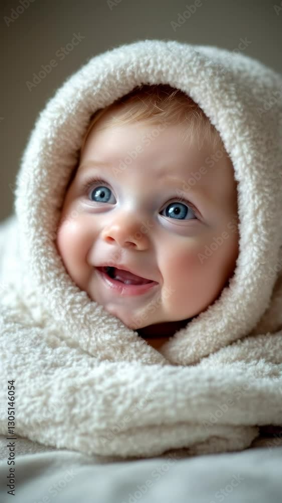 A Cheerful Baby Wrapped in a Soft White Blanket Smiles and Laughs A Cheerful Baby Wrapped in a Soft White Blanket Smiles and Laughs