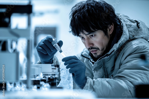 A climatologist analyzing ice core samples in a cold lab, concentration.