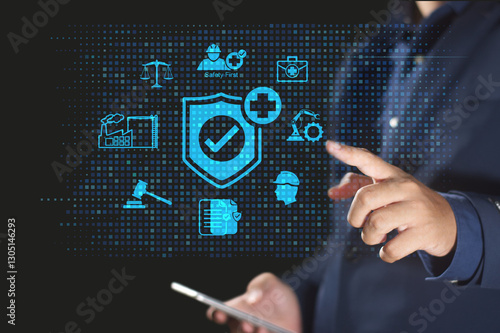 DSC_0572.5 Work safety and compliance concept, Safety First concept. Compliance with laws and regulations and ethical operations to standard and corporate policy.