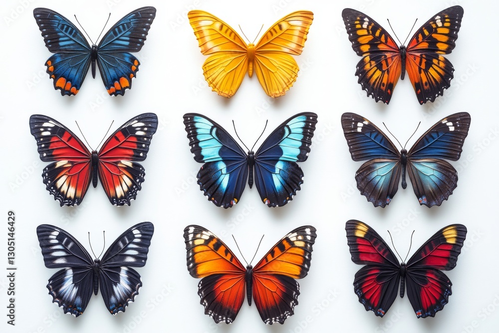 Collection of Nine Vibrant Tropical Butterflies Isolated on White Background Collection of Nine Vibrant Tropical Butterflies Isolated on White Background