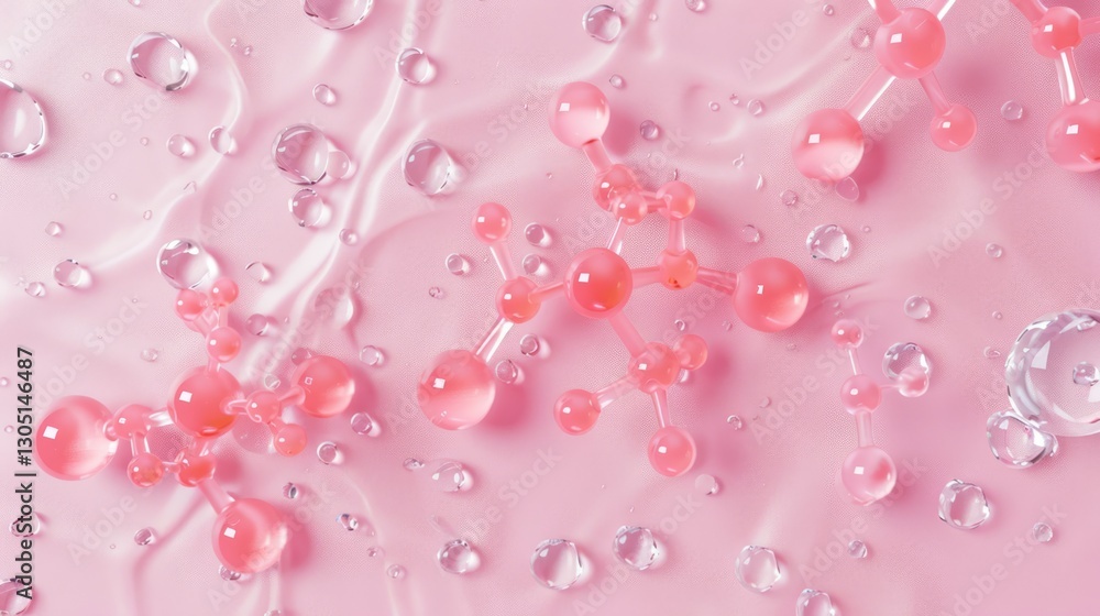 Elegant pink glass molecular structure on soft rose background for beauty skincare formula concept Elegant pink glass molecular structure on soft rose background for beauty skincare formula concept