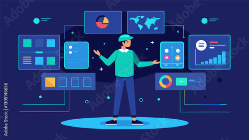 You stand in the center of a virtual room surrounded by a myriad of screens and interactive panels each displaying different layers of data waiting to be explored.. Vector illustration