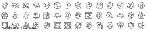 Set of 42 outline icons related to shield, protection. Linear icon collection. Editable stroke. Vector illustration