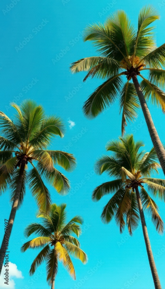 Lush green palms sway gently in a vibrant blue sky, relaxing, nature Lush green palms sway gently in a vibrant blue sky, relaxing, nature