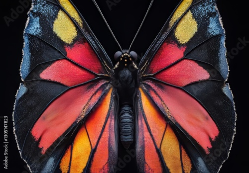 The bright, vivid wings of a tropical butterfly stand out against a black backdrop. This is the Papilio maackii, or Alpine black swallowtail, an exotic butterfly with colorful wings photo