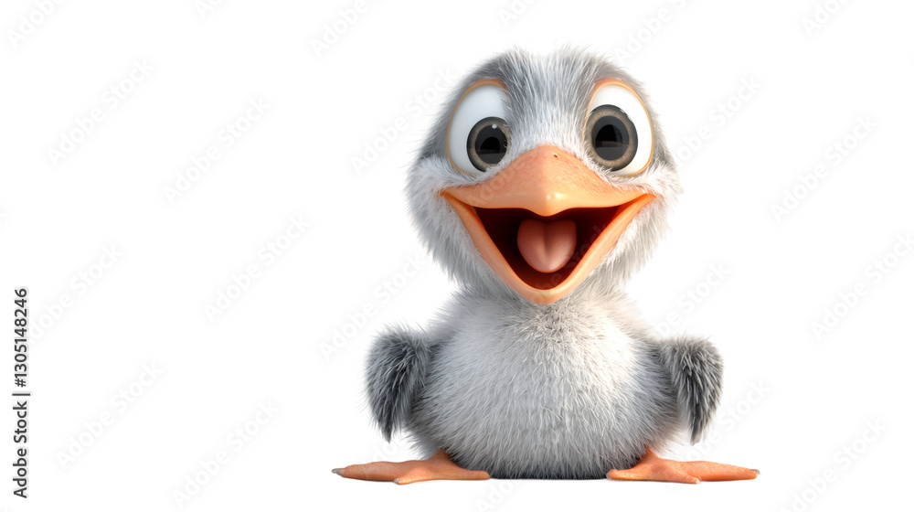 Obraz premium 3D rendering of baby seagull chick perching cheerfully, sporting playful smile against transparent backdrop, exuding pure joy