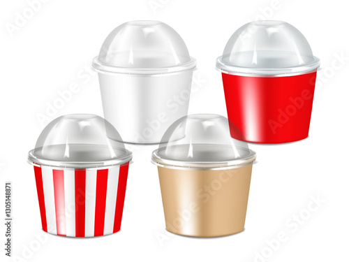 Paper tub cup with clear plastic dome lid. 3d mockup set. White, red, striped, kraft. Easy editable template. Takeout bowl. Paperboard takeaway to go food round container. Realistic vector mock-up