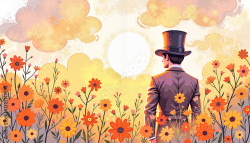 Groom in top hat gazing at sunset over wildflower field, wedding celebration photo