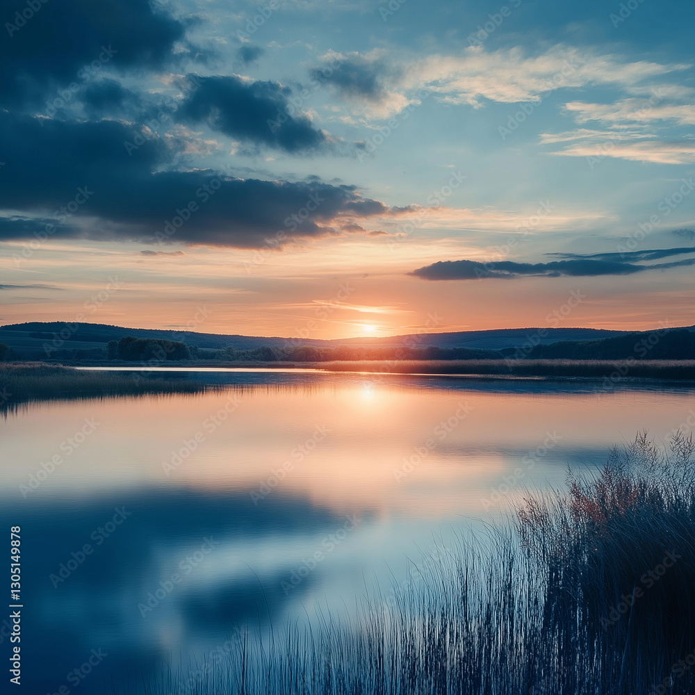 Serene sunset over calm lake, reflecting the warm colors of the sky. Serene sunset over calm lake, reflecting the warm colors of the sky.
