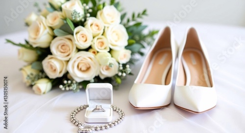 Wedding Accessories: Rose Bouquet, Engagement Ring,  Chain With Pendant, Wedding Shoes photo