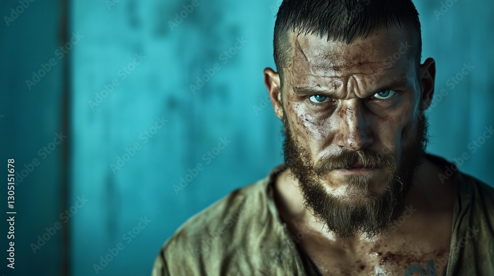 Obraz premium Intense Portrait of a Gritty Prisoner with Piercing Blue Eyes