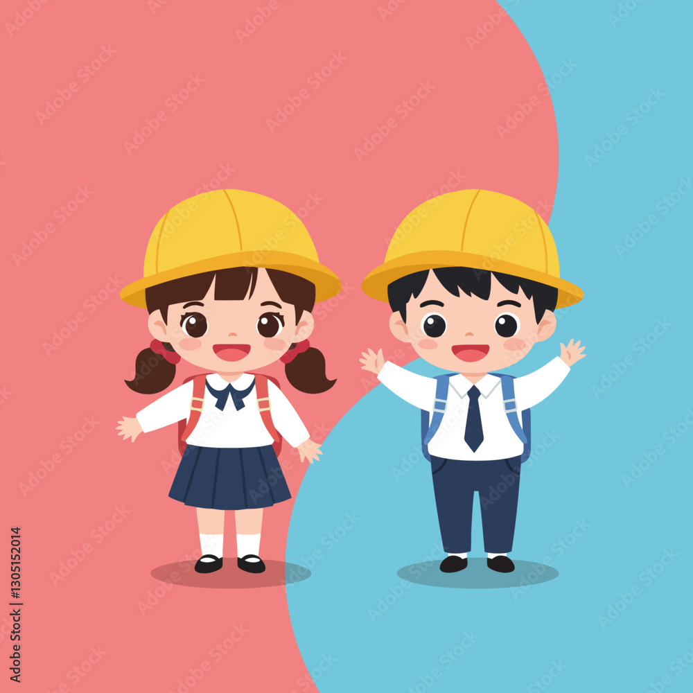 Children Wearing Uniforms Ready for School with Backpacks and Hats Children Wearing Uniforms Ready for School with Backpacks and Hats