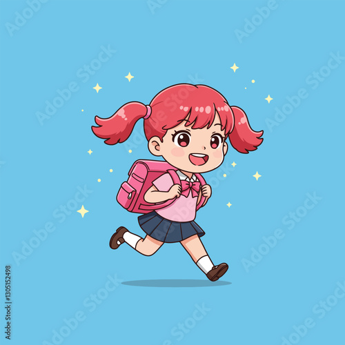 Girl Running with Backpack Cartoon Illustration School Child Excitement