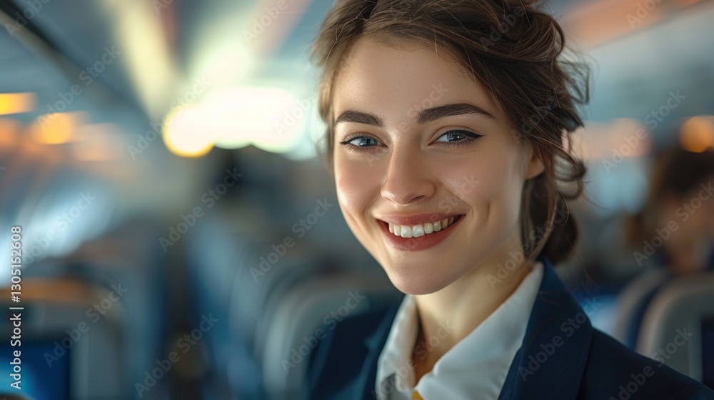Naklejka premium Smiling flight attendant shares joy and positivity during a vibrant flight experience
