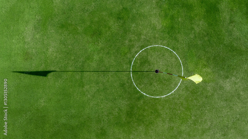 Top view putting green with flag at golf course, Golf Course with putting green, Golf course sport, green grass on golf field, fairway and putting green top view.