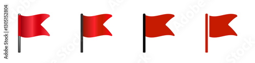 A sequence of four red flags on basic poles, each with a distinct shade and design.