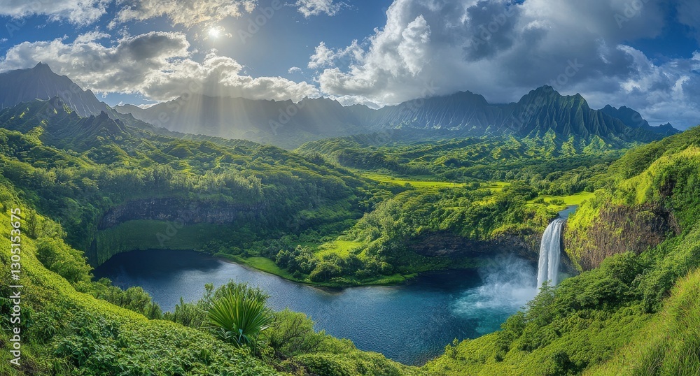 Spectacular Panoramic View of Lush Green Valley with Waterfall and Serene Lake Surrounded by Majestic Mountains and Dramatic Clouds in a Bright Sky Spectacular Panoramic View of Lush Green Valley with Waterfall and Serene Lake Surrounded by Majestic Mountains and Dramatic Clouds in a Bright Sky