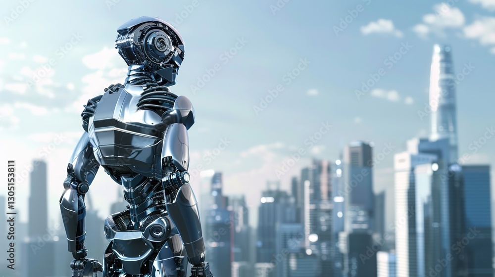 Silver intelligent robot for security that gives people a sense of security in future city scenes Silver intelligent robot for security that gives people a sense of security in future city scenes