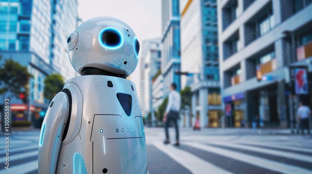 Silver intelligent robot for security that gives people a sense of security in future city scenes Silver intelligent robot for security that gives people a sense of security in future city scenes