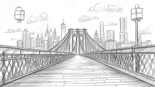 Brooklyn Bridge NYC Skyline Sketch.