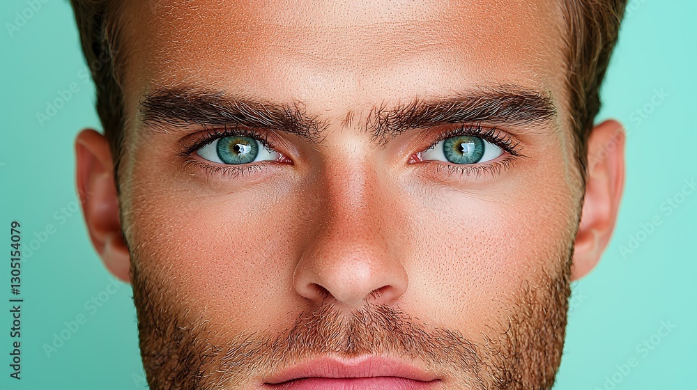 Fototapeta premium Close Up Portrait of Young Man with Sand on Face Against Teal Background