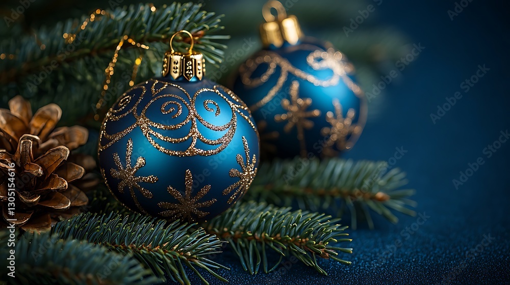 Festive Christmas Ornaments on Fir Branches Festive Christmas Ornaments on Fir Branches