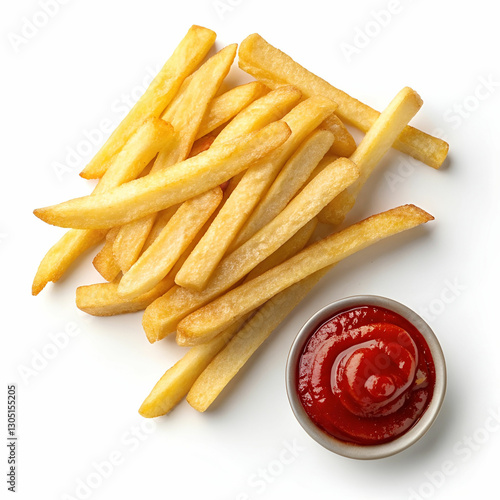 French fries with ketchup on a transparent background.