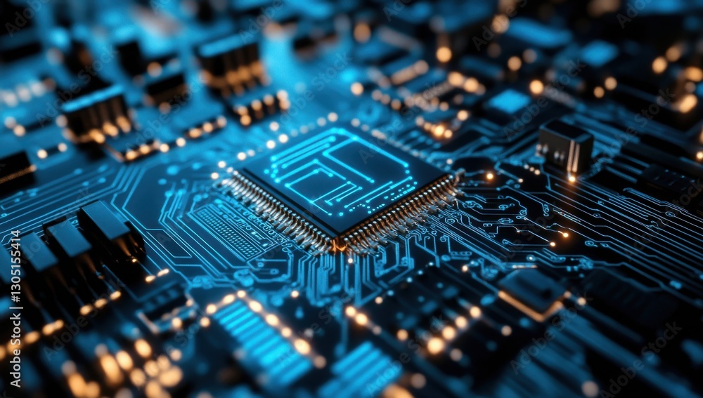 Close-Up View of a High-Tech Microchip on a Printed Circuit Board with Glowing Blue Light and Intricate Patterns in Modern Electronics Close-Up View of a High-Tech Microchip on a Printed Circuit Board with Glowing Blue Light and Intricate Patterns in Modern Electronics