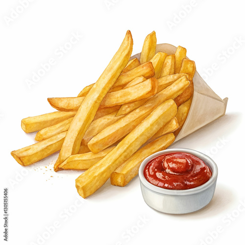 French fries with ketchup on a transparent background.