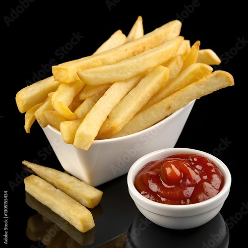 French fries with ketchup on a transparent background.