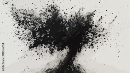 The image is a high-resolution scan or photograph of an artwork featuring a central, dark, roughly tree-shaped mass of black ink. The ink appears to be splattered and sprayed outwards in a chaotic