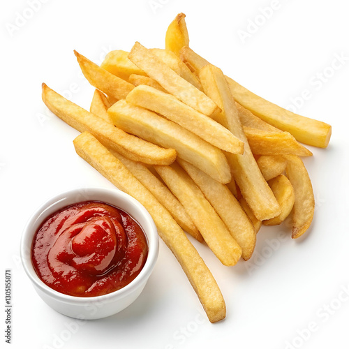 French fries with ketchup on a transparent background.