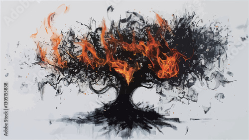 The image is an abstract painting or digital artwork depicting a tree engulfed in flames.  The style is expressive and chaotic, with swirling black and orange hues representing fire and smoke. The